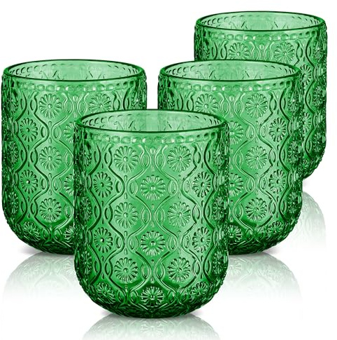 Joeyan 260ml Vasos de Cristal agua Colores, Juego de 4 Unidades Verde Oscuro Vasos de Vidrio con Relieve Floral, Vintage Cristalería para Refrescos,Café,Té,Zumo,Leche,Cócteles, Apto Lavavajillas