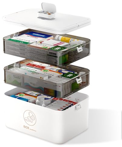 Kayuneed 3 Etagen Medikamenten Aufbewahrung, Medizinbox mit Tragbarer Griff, Große Kapazität Medikamenten Organizer, Aufbewahrungsbox Hausapotheke Box, Erste Hilfe Kasten für Zuhause, Büro, Schule