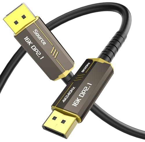 Glasfaser DisplayPort 2.1 Kabel 15M, 16K DisplayPort 2.0 Kabel unterstützt 54 Gbit/s [16K@30 Hz, 8K@60 Hz, 4K@240 Hz] Unterstützt FreeSync und G Sync Technologien für Gaming-Monitore und Grafik-PCs