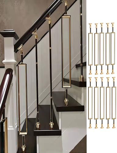 Balaustre de aluminio para escaleras, kit completo de barandilla cuadrada negra y dorada con soportes planos, montaje en el suelo para interiores y exteriores, para jardín, loft, villa
