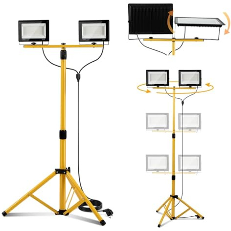 Jaxguom LED Baustrahler 2x50W IP66 Baustrahler LED mit Stativ Höhenverstellbar & Drehbar Baustellenlampe mit 3m Kabel Stecker,Baulampe wartungsfrei für Baustelle,Werkstatt,Garten