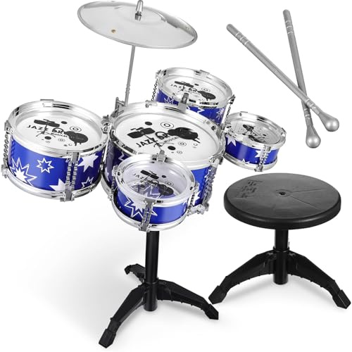 Zerodeko Batterie pour Enfants : Batterie Jazz avec Tabouret – Jouets pour Garçons Et Filles de 1, 2, 3, 4, 5, 6, 7 Ans, Cadeaux pour Débutants (5 Tambours)