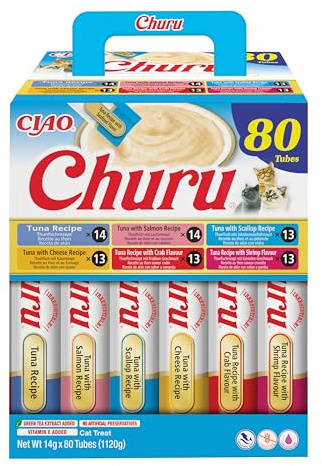 INABA Churu krämig kattsnacks i 6 tonfisksorter - 80 pinnar x 14 g - kattmat, hälsosam och utsökt - kattsnacks utan konserveringsmedel eller konstgjorda färgämnen, Grain-Free