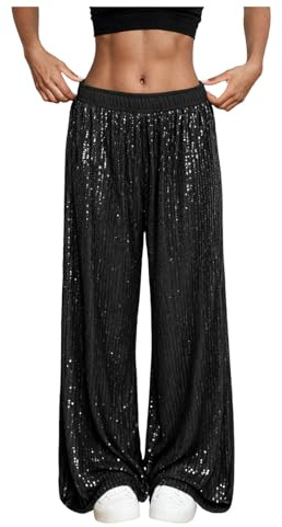 Pailletten Hose Damen Glitzer Hose Lang Pailettenhose Glitzerhose Metallic Weites Bein Freizeithose Elastische Taille Elegant Palazzo Hosen 70er 80er Disco Party Festival Outfit Karneval Schlaghose