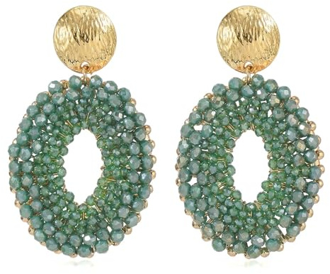 XFSRG Boucles D'oreilles Femme Goutte Boho Pendantes Ovales Perles Tissage en Cristal Fantaisie Boucles 'oreilles Goutte D'eau Bijoux Boheme Chic Pendantes (Vert)