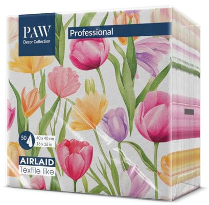 PAW Stoffähnliche Servietten 40 x 40 cm, 50 Stück - Tulpentraum Muster | Das Airlaid-Material ist reißfest und saugstark, für Hochzeit, Kommunion, Taufe und Geburtstag, auch im HoReCa-Einsatz