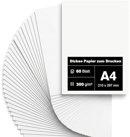 60 Blatt Dickes Papier 300g/m² A4 zum drucken Premium Papier 21 x 29,7cm | Druckerpapier Dickes zum Drucken Kartonpapier Tonkarton Pappe Weiß DIN weisser Bastelkarton