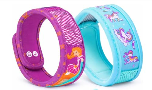 Lot de 2 Bracelets Anti-Moustiques Enfant/Adulte (Sirène + Licorne) – 4 Plaquettes Incluses – 1 Recharge = 15 Jours – Sans Contact Peau – Résistant à l’Eau