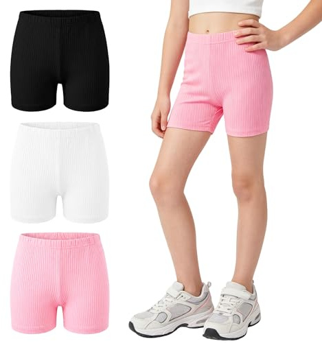 Hoseay Pantalones Cortos Ciclismo Niña Algodón Lote de 3 Leggings 5-16 Años | Cintura Elástica, Transpirable Diseño Acanalado Shorts, Pantalones Cortos Deportivos, Short para Infantil, Bailar Gimnasia