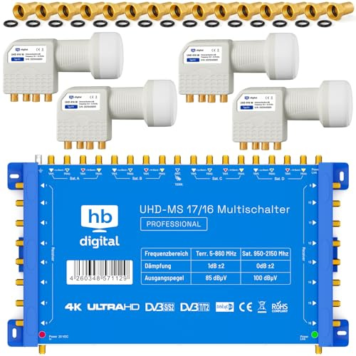 HB-DIGITAL Set: Quattro LNB Weiß (Im Test: SEHR GUT) + Multischalter pmse 17/16 bis zu 4X Satellit und bis zu 16x Teilnehmer/Receiver Full HDTV 3D 4K UHD mit Netzteil + 50 Vergoldete F-Stecker