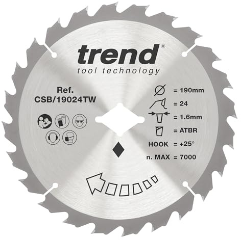 Trend Wood Cordless ATBR Circular Saw Blade, 190mm Diameter, Diamond Bore, 24 Teeth, 1.6mm Kerf, +25° Hook, TCT, Medium Finish, CSB/19024TW | For Cordless Wood Cutting With ATBR Teeth, 190mm Diameter, 1.6mm Kerf And +25° Hook Angle, CSB/19024TW