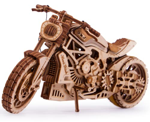 Wood Trick Motorrad mit Gummibandmotor - Fahrten bis zu 4,6 m - Mechanisches Modellbausatz für Erwachsene und Kinder - Keine Batterien - 3D Holzpuzzle
