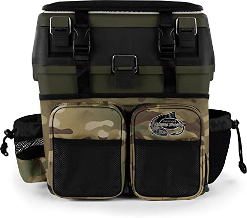 Angelkoffer Angelbox Angeltasche gepolsterte Sitzkiepe Sitzfunktion Gerätekasten mit Rucksackfunktion und aufgesetzten Taschen - inklusive 4 Tackle-Boxen für Angelzubehör Multitarn Einheitsgröße