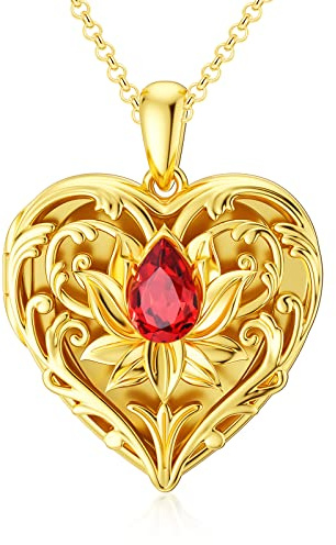 SOULMEET 18K Gold Filled Silver Heart Hollow Lotus Locket Necklace That Holds 1 Picture with Red Ruby Crystal, 20 (Locket only)