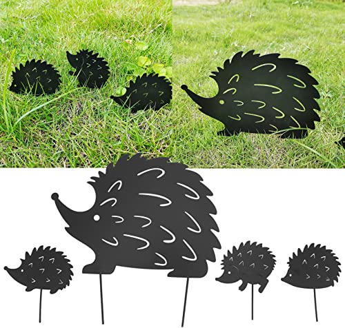 DeWin 4Pcs Décoration de Jardin, Hérisson en Métal Décoratif Jardin Piquets Mignon Animal Creux Conception Patio Mignon Fer Art Hérisson Décoration pour Jardin