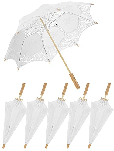 6 Pcs Lace Parasol Umbrella - Vintage Lace Wedding Umbrellas with Handle for Bridesmaid, Flower Women (White)