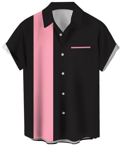 Camicia da Uomo Vintage Casual, a Maniche Corte, con Bottoni, a Contrasto, Estiva, a Blocchi di Colore, Stile Cubano
