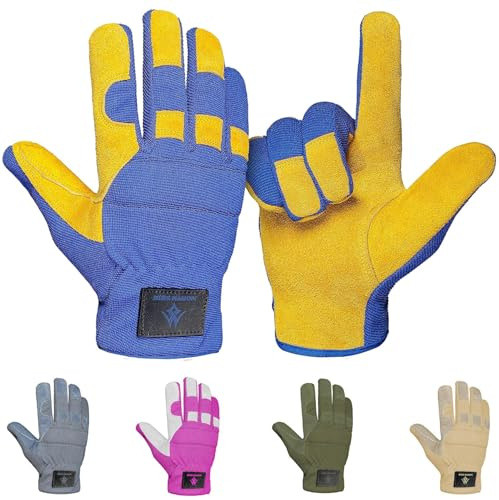 NORTH SKIN Leather Gardening Work Gloves Heavy Duty Breathable Thorn Proof Garden Gloves Flexible Mechanics Building Construction Safety Working Utility Gloves Men Women (Yellow, L)