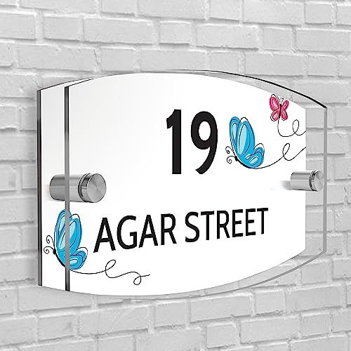 House Sign Plaque Personalised Door Number Street Glasss Effect Acrylic I House signs personalised door number plaque for wall outside I Arc-Rectangle Shape (Design 12)