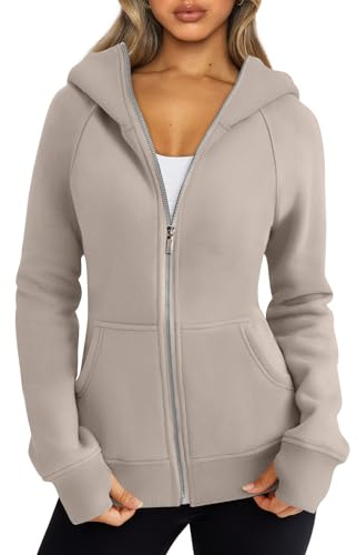 Trendy Queen Women's Full Zip Up Hoodie - Fitted Long Sleeve Sweatshirts for Fall and Winter Khaki M