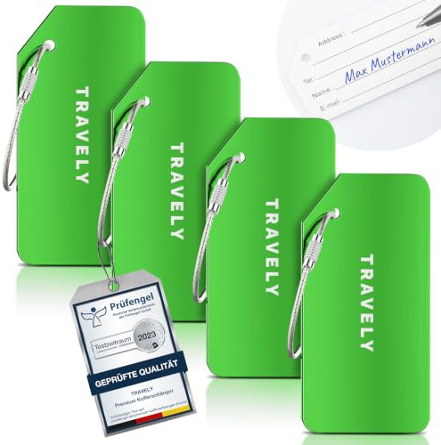 Travely Premium Kofferanhänger - leicht Erkennbar, Robust & Sicher - inkl. Namensschild und Privatsphäre Schutz I Vielseitig und Praktische Adressanhänger, Namensanhänger & Gepäckanhänger