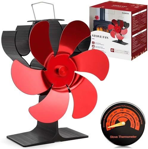 Wood Stove Fan - New Designed 6 Red Blades Heat Powered Fan for Fireplace, Home Decor, Wood Burning/Pellet Stove/Log Burner - Non-electric, Long Lasting Use - Magnetic Thermometer Included