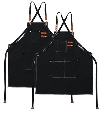 Delantal de Cocina Lienzo (2 Piezas), Delantal de Trabajo con 3 Bolsillos Correa Ajustable Delantale de Barbacoa Impermeable Profesional para Hombre Mujer para Peluquero, Cocina, Jardinero (Negro)