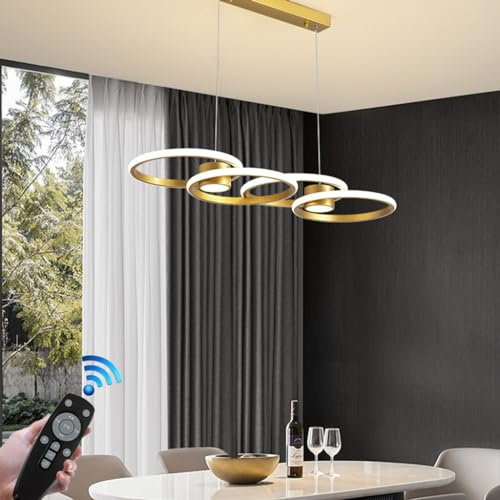 FWX LED Kronleuchter Raumpendellampe dimmbare Ring Pendelleuchte mit Fernbedienung Moderne Hängelampe Kunstdesign höhenverstellbar für Esszimmer Restaurant Rezeption Bar Wohnzimmer(Color:Gold)