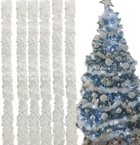 Ashuxxn 6 Stück Lametta Girlande Weihnachten - Glänzende Weihnachtsbaum Dekoration - Glänzend Weihnachten Deko für Weihnachtsbaum (Weiß)