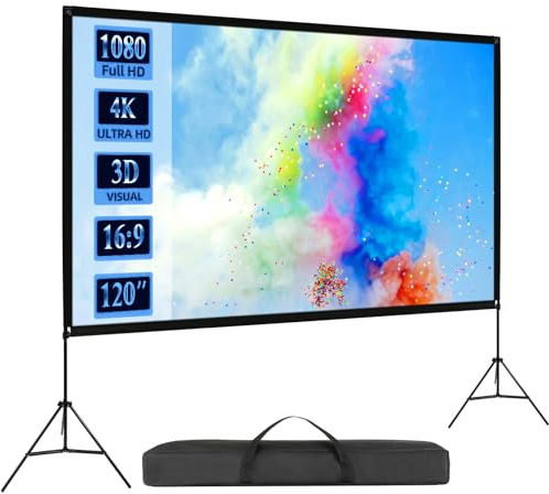 No Wrinkles 120 Inch Projector Screen - Super Stable with Dual Tripods, Strong Stands, Portable Design for Indoor/Outdoor, 16:9, 4K - Perfect for Camping, Parties, and Home Theater (White, 120inch)