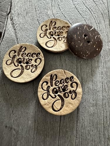 10 Stück echte Kokosnussknöpfe natürlich Knopf mit Schrift Peace Love Joy 2 Löcher zum Annähen (25mm)