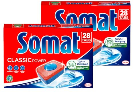 Somat Classic Power Spülmaschinen Tabs, 56 Tabs (2x 28 Tabs), Geschirrspül Tabs mit Fettlösekraft für kraftvolle Reinigung, Spültabs für strahlend sauberes Geschirr sogar bei niedrigen Temperaturen
