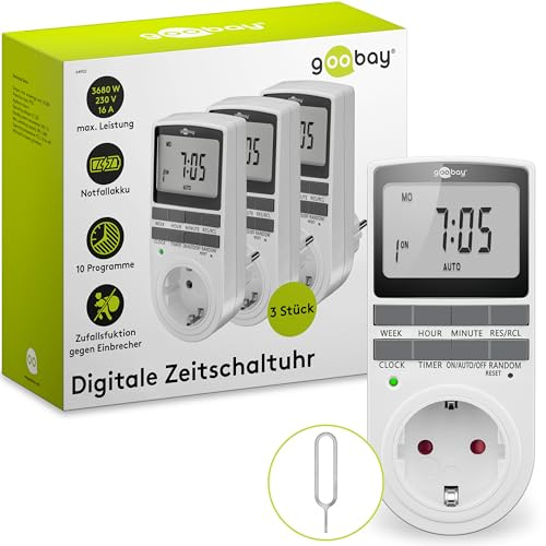 goobay - Zeitschaltuhr 3er Set digital mit 16 Programmen - Zeitschaltuhr Steckdose mit Zufallsmodus zum Einbruchschutz - Timer Steckdose inkl. 100 Tage Back-up Akku - 3680W - 230V (AC) - 16A - 74216