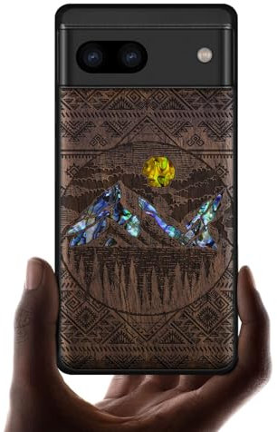 Carveit Designer Wooden Case for Google Pixel 8a Case Cover [Wood Engraving & Shell Inlay] Compatible with Wireless Chargers Pixel 8a Case (Aztec style Alpine Lakes-Walnut)