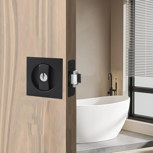 Betensh Serrure de porte coulissante Carré poignée avec serrure porte coulissante Poignée de porte invisible Poignées de porte de poche avec serrure et clé - 66 mm - Noir