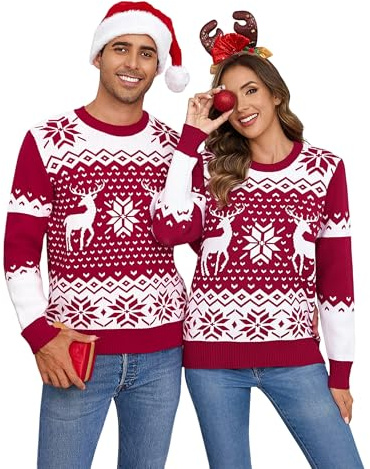 Demegimi Maglione Natalizio Uomo Fiocco Neve Alce Maglioni Girocollo Neck Pullover Manica Lunga Maglione Festa Natale