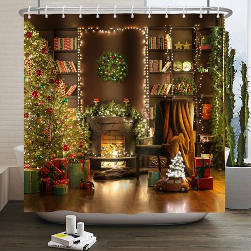 Duschvorhang Braun Grün Weihnachten Duschvorhang Stoff Polyester Shower Curtains Antischimmel Badevorhang Wasserdicht Duschvorhänge Duschvorhang 240x200 mit 12 Duschvorhangringen