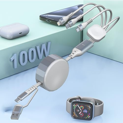 4-in-2-Multi-Ladekabel für Apple Watch-Ladegerät, 100 W einziehbares Schnellladekabel für iPhone, iPad und iWatch-Kabel, kompatibel mit iWatch Series 10-1/iPhone 16/15/Galaxy Android, 1,2 m