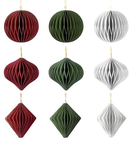 MiCasa SuCasa Hängedeko 9er Set – Weihnachtskugeln & Kegel in Grün, Rot, Weiß– 6 cm Weihnachtsdeko mit integriertem Schnur – Papiersterne zum aufhängen in 3D Design für Weihnachtsbaum & Winterdeko