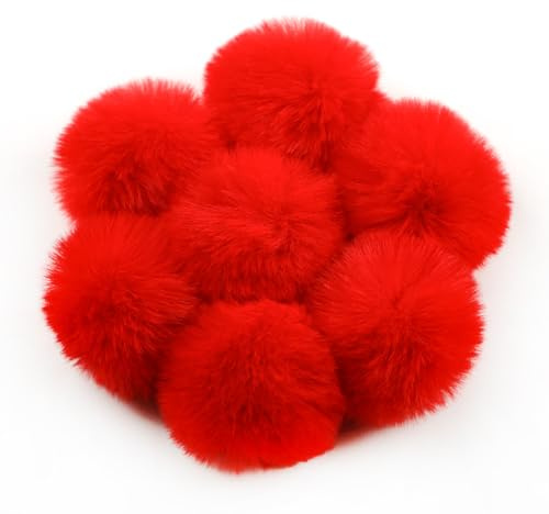YKAFADE 10 Stück 5cm Kunstfell Pompon Bommel für Mützen Tasche Fellbommel Kunstpelz Flauschige Pompons mit Elastischer Schlaufe für Schals Schlüsselanhänger Dekoration Zubehör -Rot