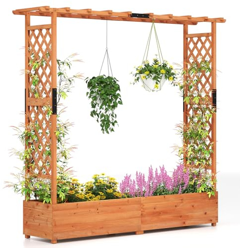 Giantex Raised Garden Bed with Trellis & Hanging Roof, Wood Planter Box with Bottom and Drainage Holes, Freestanding Garden Planter for Flower Vegetable Fruit Herb Climbing Vines, 77x17x70