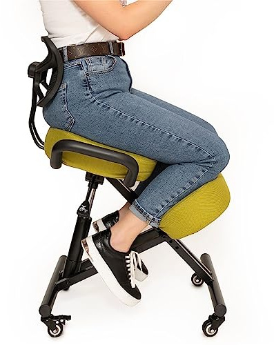 BLACK POINT O'KNEEL – Ergonomischer Kniestuhl mit Rückenlehne | Verstellbarer Kneeling Chair, Büro & Zuhause | gerade & Bequeme Haltung | Bezug aus Leinen Grau/Grün inklusive