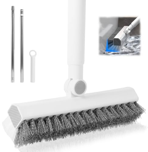 Floor Scrubbing Brush with Long Handle, 123cm L-Shaped Hard Tile Scrubber 180° Rotating Head Stiff Bristles Extensible Tile Cleaning Brush, Heavy Duty Cleaning Scrubber for Shower Deck Patio Wall