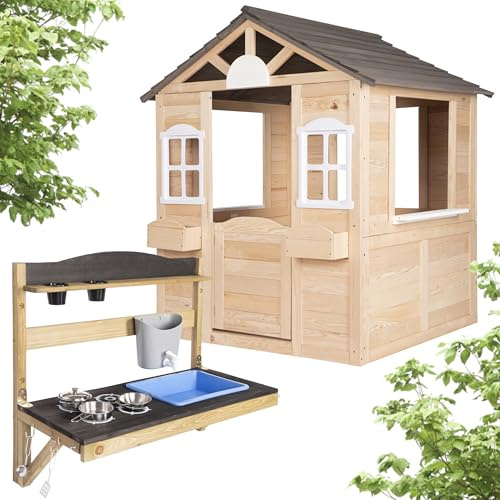 ONVAYA® Kinderspielhaus mit Faltbarer Hänge-Matschküche ǀ Holz ǀ Spielhaus mit Tür und Fenster aus Echtholz ǀ für DIY-Streichprojekte ǀ einfacher Aufbau ǀ wetterfest ǀ Gartenhaus für Kinder