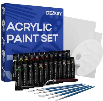 DENKSY 33 Pcs Acrylic paint set includes everything – Acrylic Painting Kit with 24 Colours (12ml), 5 Brushes, 2 Canvases, 1 Palette & 1 Painting Knife – Art Supplies for Beginners & Pro Artists
