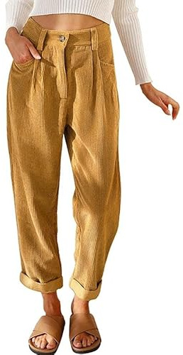 Joligiao Pantalon en Velours Côtelé pour Femme Pantalon Décontracté Taille élastique Pantalon avec Poche Zippé Bouton Fermeture Éclair Chaud Pantalon Femme Chic et Elegant Hiver(Brun,XL)