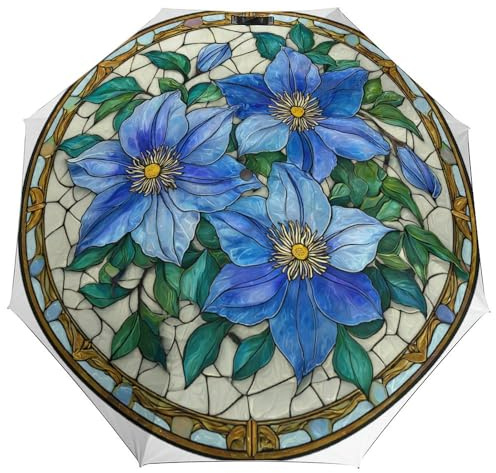 Jubonexis Stained Glass Blue Clematis Flowers Folding Umbrella 3 Folds Auto Windproof Travel Umbrellas Strong Lightweight Umbrellas for Outdoor Sun & Rain