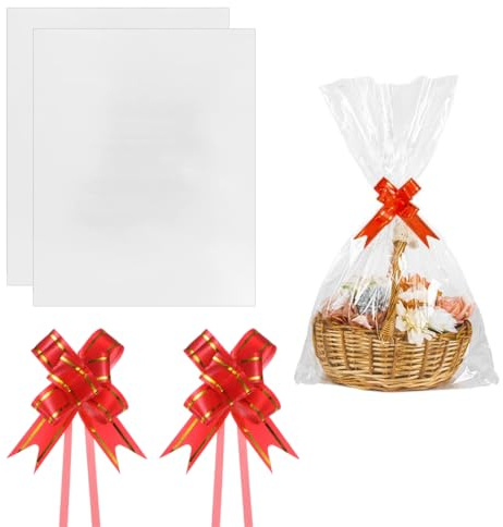 ZORVYN Set di Sacchetti Grandi in Cellophane per Cesti Regalo, 2 Pezzi, Fiocchi e Lacci, Trasparenti per Cesti, Bouquet, Confezioni e Confettata, Carta per Imballaggio e Matrimonio (75 x 100 cm)