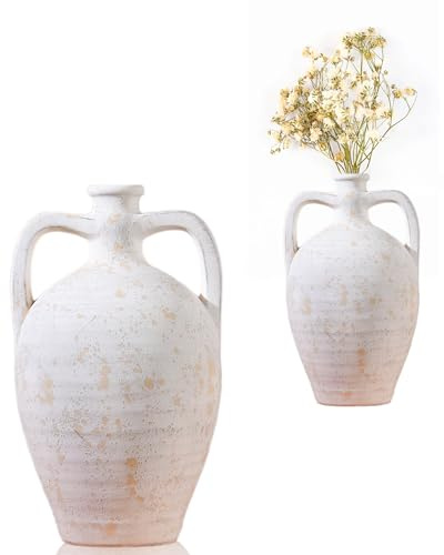 UPWOIGH 13.8in Tall Double Handle Ceramic Vase, Antique White Pottery Jug with Beige Speckles Distressed Finish, Mediterranean Rustic Farmhouse Living Room Table Decor, Ideal Gift 1Pack