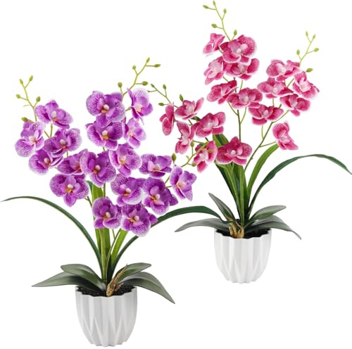 Vaskula 2 Stücke Orchideen Künstlich 44cm Kunstblumen & -Pflanzen Künstliche Blumen im Topf Kunstblumen Wie Echt Blumen Kunstpflanze für Wohndekoration